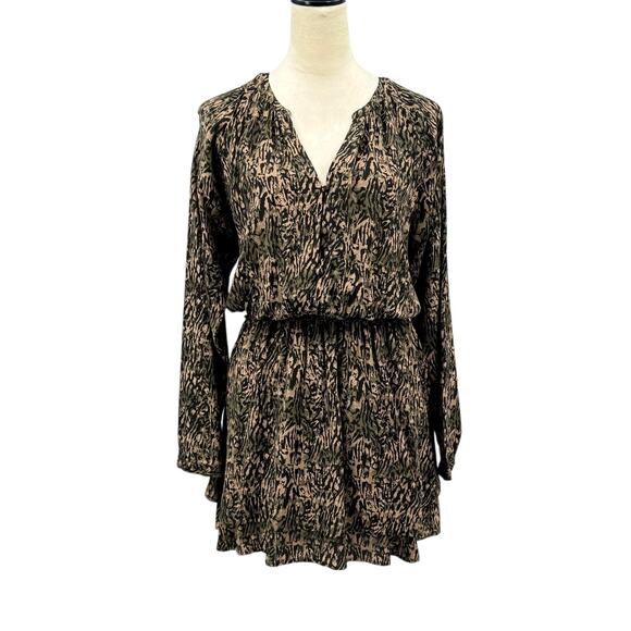 Rails Jasmine Mini Brown Animal Print Dress With V-Neck Long Bishop Sleeves - Picture 1 of 15